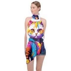 Wild Cat Halter Asymmetric Satin Top