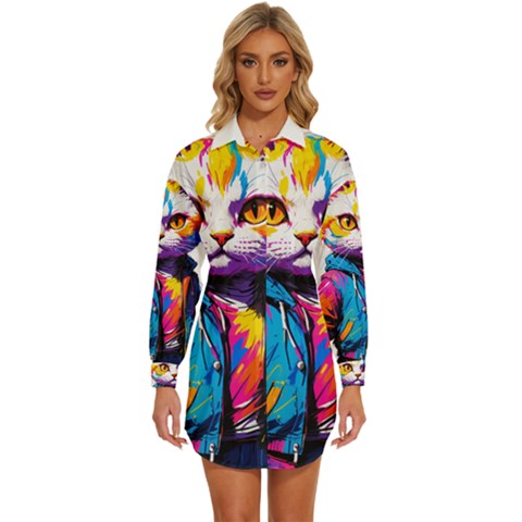 Wild Cat Womens Long Sleeve Shirt Dress by Sosodesigns19