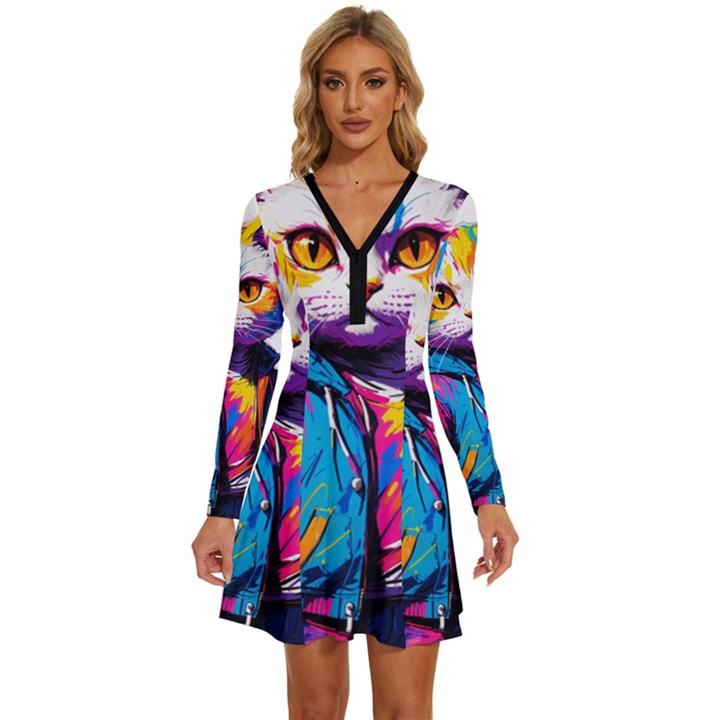 Wild cat Long Sleeve Deep V Mini Dress 