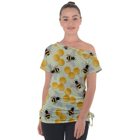 Bees Pattern Honey Bee Bug Honeycomb Honey Beehive Off Shoulder Tie-up T-shirt by Bedest