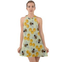 Bees Pattern Honey Bee Bug Honeycomb Honey Beehive Halter Tie Back Chiffon Dress by Bedest