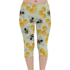 Bees Pattern Honey Bee Bug Honeycomb Honey Beehive Velvet Capri Leggings  by Bedest