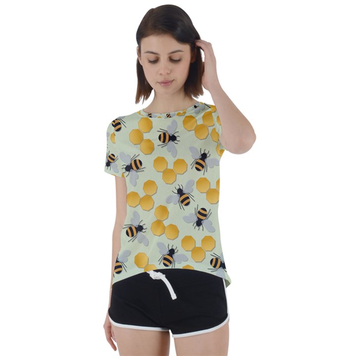 Bees Pattern Honey Bee Bug Honeycomb Honey Beehive Short Sleeve Open Back T-Shirt