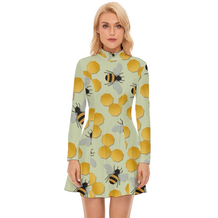 Bees Pattern Honey Bee Bug Honeycomb Honey Beehive Long Sleeve Velour Longline Dress