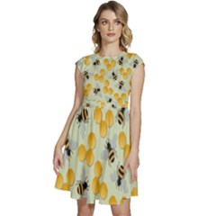 Bees Pattern Honey Bee Bug Honeycomb Honey Beehive Cap Sleeve High Waist Dress