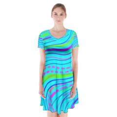 Pattern Swirl Pink Green Aqua Short Sleeve V-neck Flare Dress by Ndabl3x