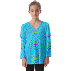 Pattern Swirl Pink Green Aqua Kids  V Neck Casual Top by Ndabl3x