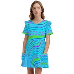 Pattern Swirl Pink Green Aqua Kids  Frilly Sleeves Pocket Dress