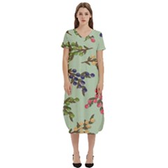 Berries Flowers Pattern Print T-shirt Midi Dress With Pockets