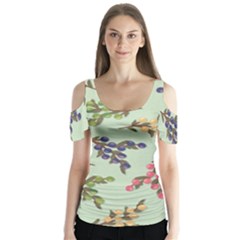 Berries Flowers Pattern Print Butterfly Sleeve Cutout T-shirt 