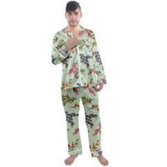 Berries Flowers Pattern Print Men s Long Sleeve Satin Pajamas Set