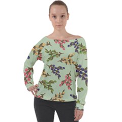 Berries Flowers Pattern Print Off Shoulder Long Sleeve Velour Top