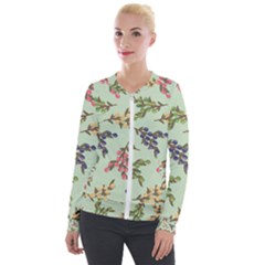 Berries Flowers Pattern Print Velvet Zip Up Jacket