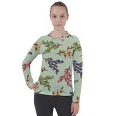 Berries Flowers Pattern Print Women s Pique Long Sleeve T-shirt