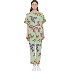 Berries Flowers Pattern Print Batwing Lightweight Chiffon Jumpsuit by Maspions