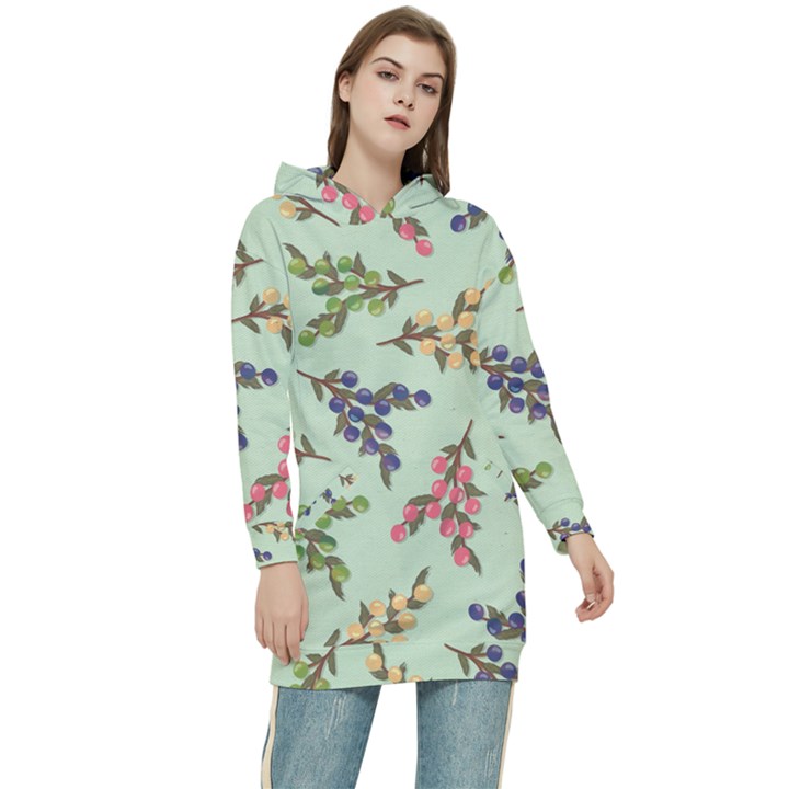 Berries Flowers Pattern Print Women s Long Oversized Pullover Hoodie