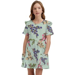 Berries Flowers Pattern Print Kids  Frilly Sleeves Pocket Dress