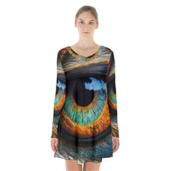 Eye Bird Feathers Vibrant Long Sleeve Velvet V-neck Dress