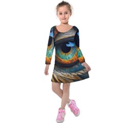 Eye Bird Feathers Vibrant Kids  Long Sleeve Velvet Dress