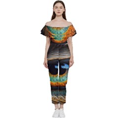 Eye Bird Feathers Vibrant Bardot Ruffle Jumpsuit by Hannah976