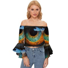 Eye Bird Feathers Vibrant Off Shoulder Flutter Bell Sleeve Top