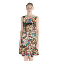 Paisley Print Musical Notes Sleeveless Waist Tie Chiffon Dress by RiverRootz