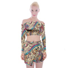 Paisley Print Musical Notes Off Shoulder Top With Mini Skirt Set