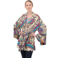 Paisley Print Musical Notes Long Sleeve Velvet Kimono  by RiverRootz