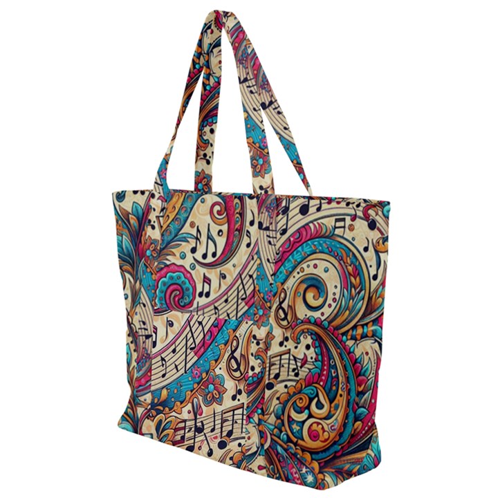 Paisley Print Musical Notes Zip Up Canvas Bag