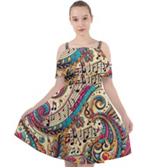 Paisley Print Musical Notes Cut Out Shoulders Chiffon Dress by RiverRootz