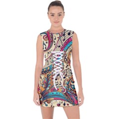 Paisley Print Musical Notes Lace Up Front Bodycon Dress by RiverRootz