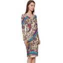 Paisley Print Musical Notes Long Sleeve V-Neck Bodycon Dress  View3