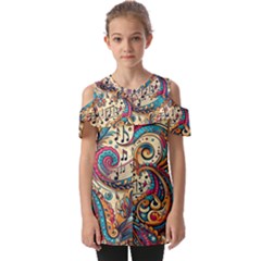 Paisley Print Musical Notes Fold Over Open Sleeve Top by RiverRootz