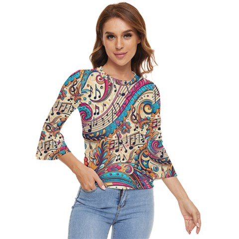 Paisley Print Musical Notes Bell Sleeve Top by RiverRootz