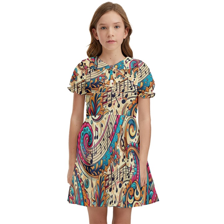 Paisley Print Musical Notes Kids  Bow Tie Puff Sleeve Dress