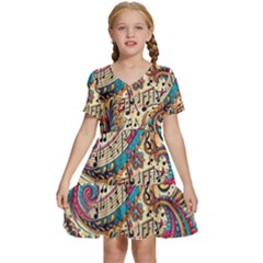 Paisley Print Musical Notes Kids  Short Sleeve Tiered Mini Dress by RiverRootz