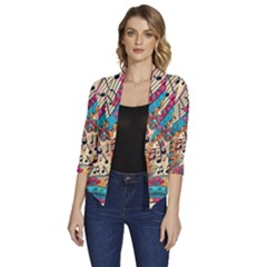 Paisley Print Musical Notes Women s Draped Front 3/4 Sleeve Shawl Collar Jacket by RiverRootz