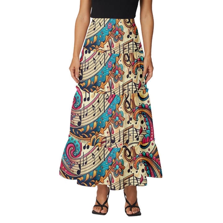 Paisley Print Musical Notes Tiered Ruffle Maxi Skirt