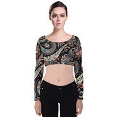 Paisley Print Musical Notes7 Velvet Long Sleeve Crop Top by RiverRootz