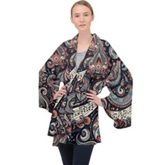 Paisley Print Musical Notes7 Long Sleeve Velvet Kimono  by RiverRootz