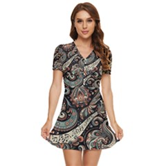 Paisley Print Musical Notes7 V-neck High Waist Chiffon Mini Dress by RiverRootz