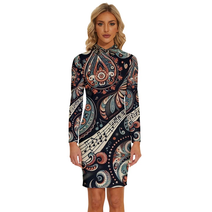 Paisley Print Musical Notes7 Long Sleeve Shirt Collar Bodycon Dress