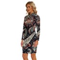 Paisley Print Musical Notes7 Long Sleeve Shirt Collar Bodycon Dress View2