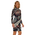 Paisley Print Musical Notes7 Long Sleeve Shirt Collar Bodycon Dress View3