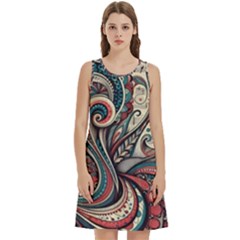 Paisley Print Musical Notes6 Round Neck Sleeve Casual Dress With Pockets