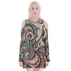 Paisley Print Musical Notes6 Velvet Long Sleeve Shoulder Cutout Dress