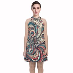 Paisley Print Musical Notes6 Velvet Halter Neckline Dress 