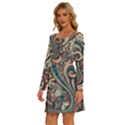 Paisley Print Musical Notes6 Long Sleeve Wide Neck Velvet Dress View2