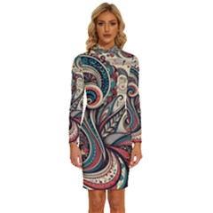 Paisley Print Musical Notes6 Long Sleeve Shirt Collar Bodycon Dress by RiverRootz