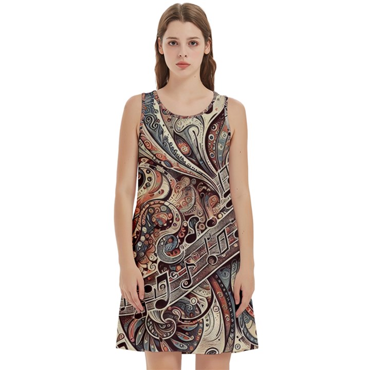 Paisley Print Musical Notes5 Round Neck Sleeve Casual Dress With Pockets